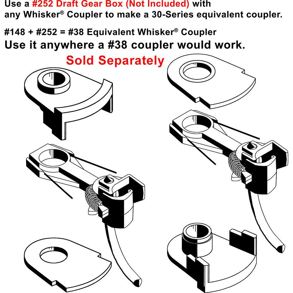 Kadee 146: HO Scale 140-Series Whisker Metal Couplers with Gearboxes - Long (25/64") Centerset Shank