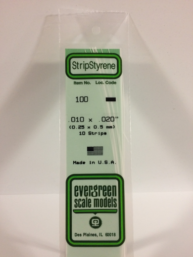 Evergreen 100: White Polystyrene Strip 0.010 x 0.020 x 14" / 0.25mm x 0.51mm x 36cm (10)