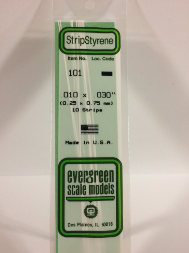Evergreen 101: White Polystyrene Strip 0.010 x 0.030 x 14" / 0.25mm x 0.76mm x 36cm (10)