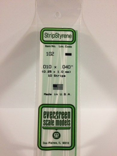 Evergreen 102: White Polystyrene Strip 0.010 x 0.040 x 14" / 0.25mm x 1mm x 36cm (10)