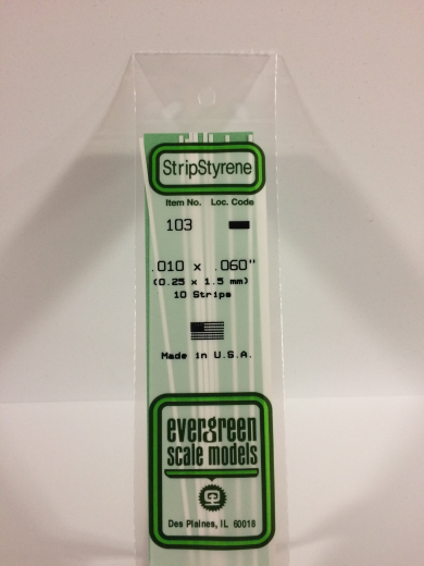 Evergreen 103: White Polystyrene Strip 0.010 x 0.060 x 14" / 0.25mm x 1.5mm x 36cm (10)