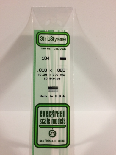 Evergreen 104: White Polystyrene Strip 0.010 x 0.080 x 14" / 0.25mm x 2mm x 36cm (10)