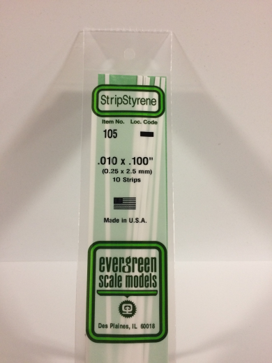 Evergreen 105: White Polystyrene Strip 0.010 x 0.100 x 14" / 0.25mm x 2.5mm x 36cm (10)
