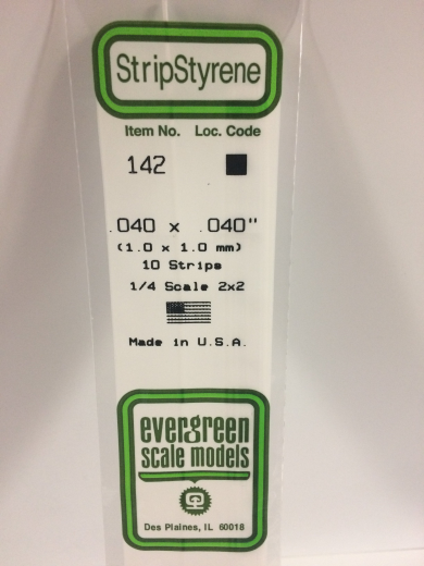 Evergreen 142: White Polystyrene Strip 0.040 x 0.040 x 14" / 1mm x 1mm x 36cm (10)
