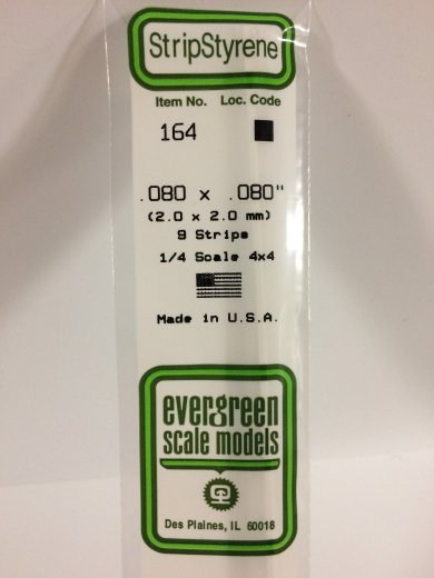 Evergreen 164: White Polystyrene Strip 0.080 x 0.080 x 14" / 2mm x 2mm x 36cm (9)