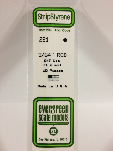 Evergreen 221: White Polystyrene Rod 0.047 x 14" / 1.2mm x 36cm (10)