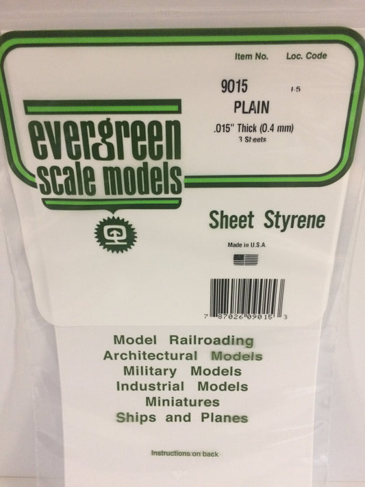 Evergreen 9015: White Polystyrene Sheet 0.015 x 6 x 12" / 0.38mm x 15cm x 30cm (3)