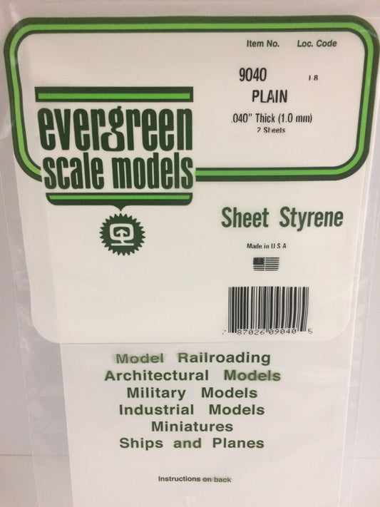 Evergreen 9040: White Polystyrene Sheet 0.040 x 6 x 12" / 1mm x 15cm x 30cm (2)