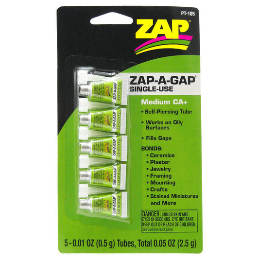 Zap-A-Gap PT105: CA+ Single Use Medium Cyanoacrylate (Green) 5 x 1/2g