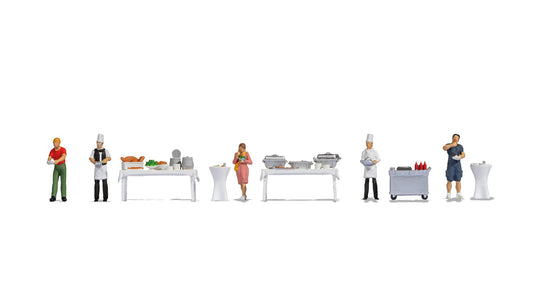 Noch 16276: Themed Figures Set ‘Buffet‘ Contents: 3 patrons, 2 chefs, 2 buffet tables, 1 buffet trolley, 2 bar tables (H0)
