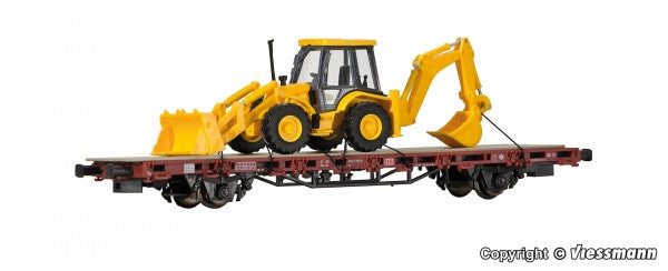 Kibri 26260: H0 Low side car with excavator loader JCB4CX 4x4x4, finished model **discontinued**