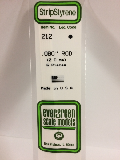 Evergreen 212: White Polystyrene Rod 0.080 x 14" / 2mm x 36cm (6)