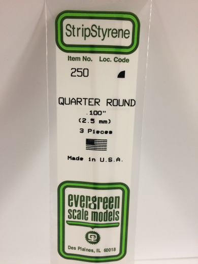 Evergreen 250: White Polystyrene Quarter Round 0.100 x 14" / 2.5mm x 36cm (3)