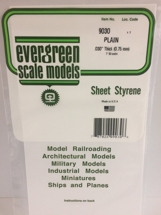 Evergreen 9030: White Polystyrene Sheet 0.030 x 6 x 12" / 0.76mm x 15cm x 30cm (2)
