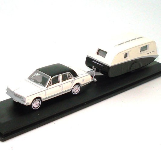 Cooee 1963 AP5 Valiant Regal Set – Alpine White with Black Vinyl Roof plus Highway Cruiser Caravan (1:87 HO)
